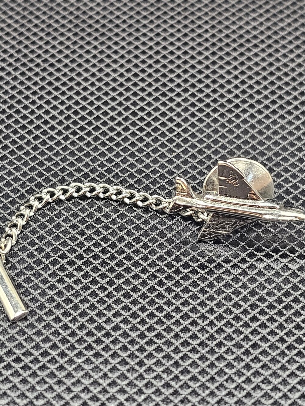 Vintage Silver Tone Airplane Tie Tack Pin with Chain